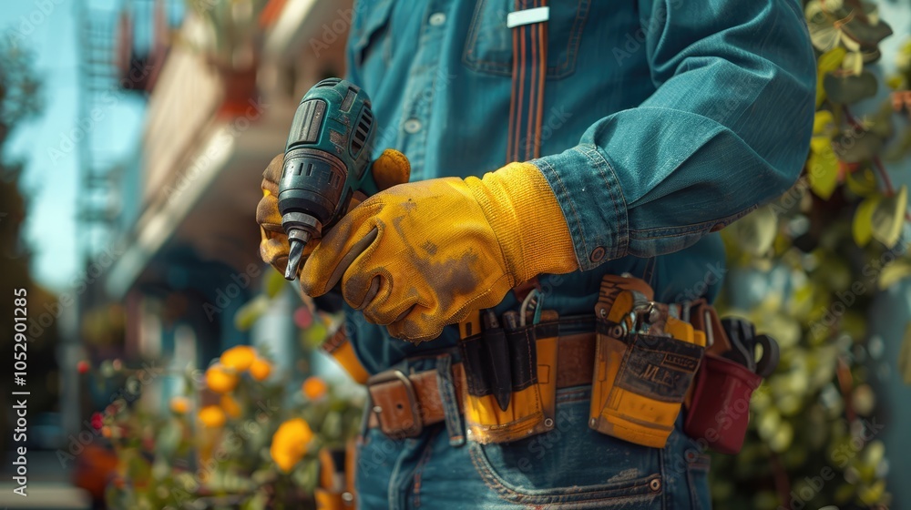 A worker holding an electric drill in his hand on the background of a construction materials store. A worker holding an electric drill in his hand on the background of a construction materials store.