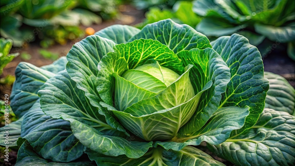 Fototapeta premium Head of cabbage growing in a lush garden, cabbage, vegetable, fresh, organic, green, leaves, plant, agriculture, healthy, farm