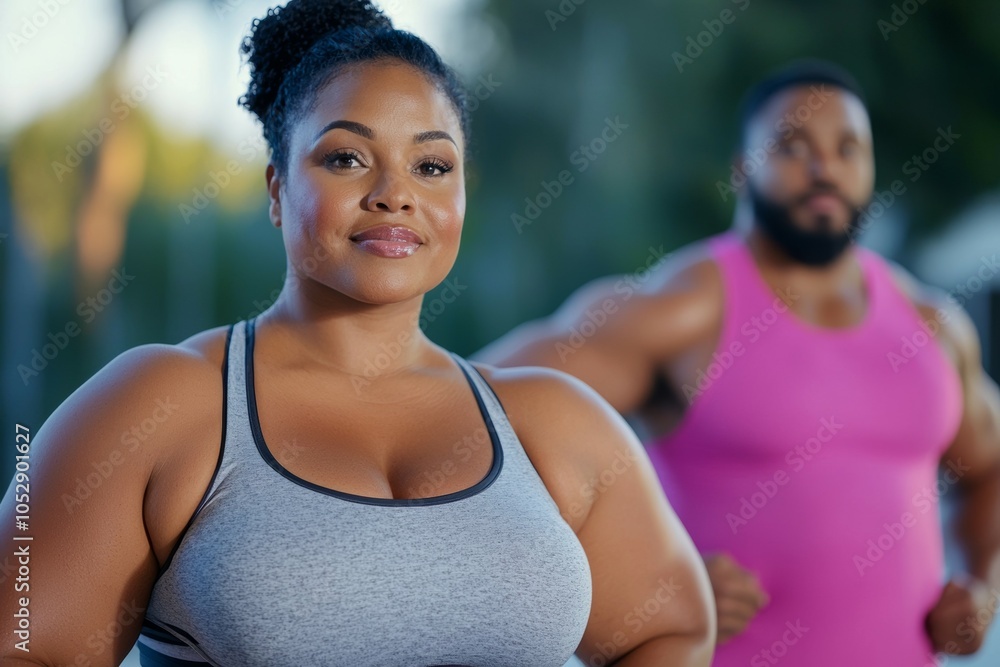 A woman with a large chest stands next to a man in a pink tank top, inclusive body positivity concept A woman with a large chest stands next to a man in a pink tank top, inclusive body positivity concept