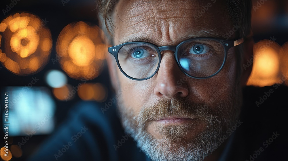 Close-up of a Man's Face with Glasses and a Beard, Looking Intensely, with Defocused Lights in the Background Close-up of a Man's Face with Glasses and a Beard, Looking Intensely, with Defocused Lights in the Background
