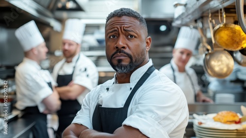 A determined chef with a focused expression, wearing a white uniform and black apron, stands in a busy kitchen with a team of fellow chefs in the background.