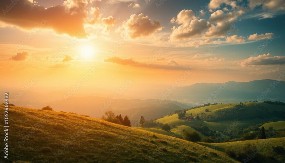 Fototapeta premium a view of a beautiful sunset over a green valley with hills