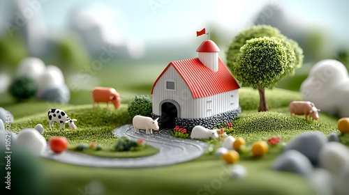 Whimsical 3D of a tiny charming barn nestled in a picturesque rural farm setting surrounded by lush green meadows trees and a winding path   a tranquil fairytale like scene photo