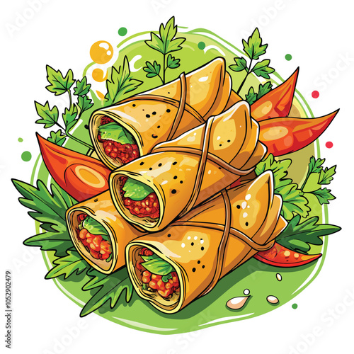 Spring Rolls On White Background Vector Illustration of Delicious Asian Appetizer Food in Minimalist Style