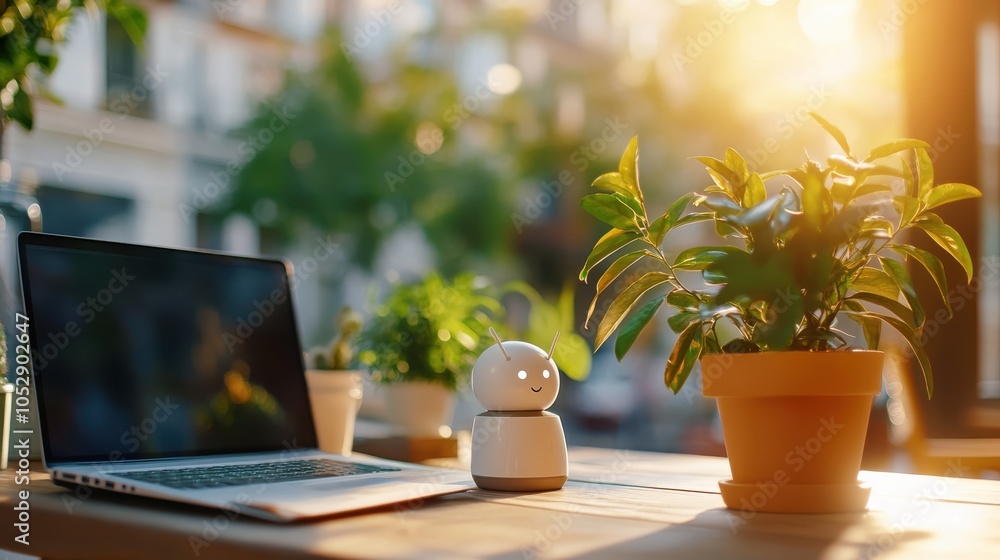 An adorable little robot sits beside a laptop and a lush green potted plant on a sunlit wooden table, exuding a refreshing technological harmony vibe. An adorable little robot sits beside a laptop and a lush green potted plant on a sunlit wooden table, exuding a refreshing technological harmony vibe.
