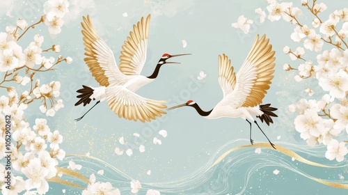 Japanese-inspired design with cranes and cherry blossoms in gold on soft blue, evoking cultural elegance, isolated on white