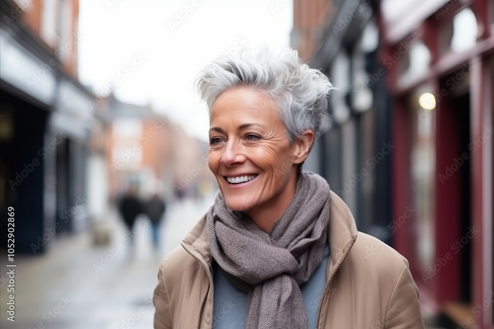 Portrait of a happy senior woman walking in a street in winter Portrait of a happy senior woman walking in a street in winter