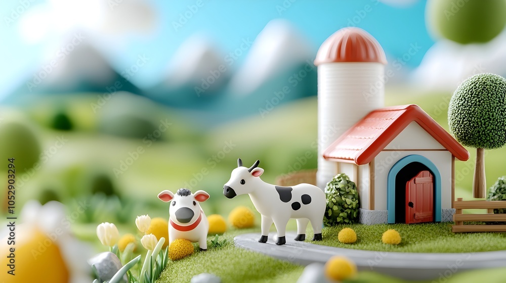 Charming 3D depicting miniature farm animals including a cow and sheep grazing peacefully in a lush rural meadow with a small barn structure in the distance Charming 3D depicting miniature farm animals including a cow and sheep grazing peacefully in a lush rural meadow with a small barn structure in the distance