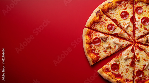 Delicious pepperoni pizza slices on a bright red background ready to be served for a meal
