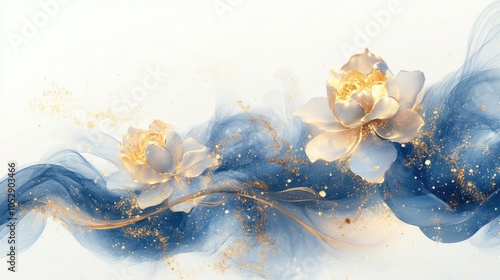 Korean-inspired abstract with golden floral motifs and swirling blue light, creating a serene atmosphere, isolated on white