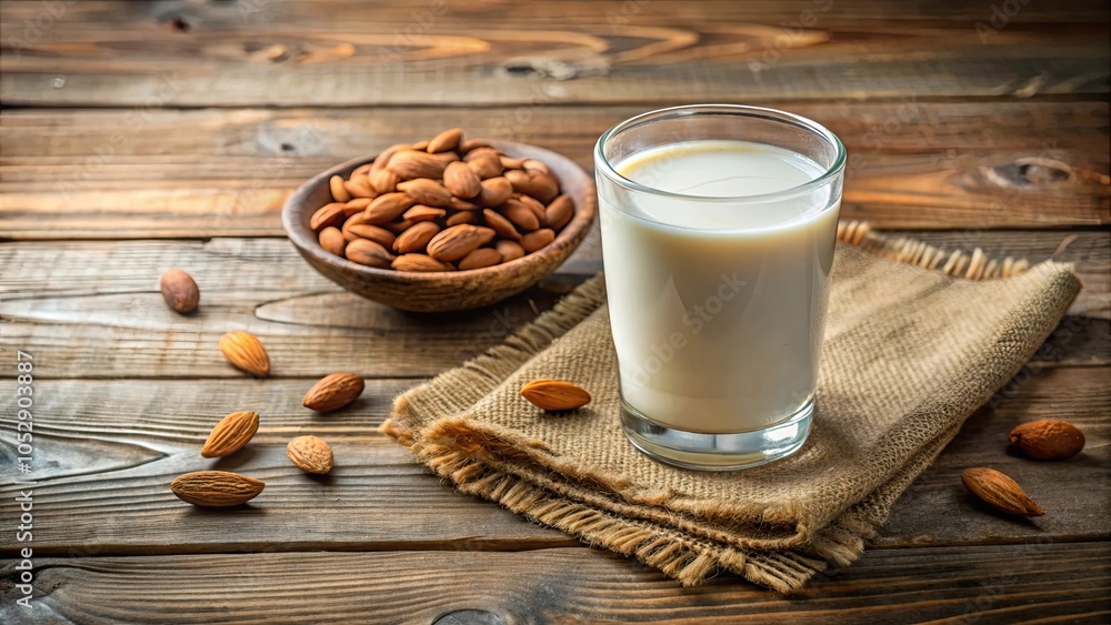 Glass of almond milk with almond seed on rustic wooden table for World Milk Day celebration, almond milk, seed Glass of almond milk with almond seed on rustic wooden table for World Milk Day celebration, almond milk, seed