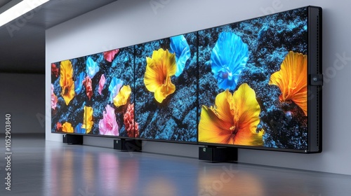 Vibrant digital displays showcasing colorful flowers in a modern gallery setting with sleek lines and minimalistic design. photo