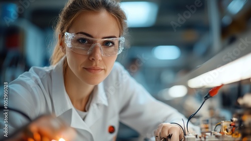 A scientist carefully inspects electronic components under bright laboratory lights, illustrating scientific rigor and a deep focus on electrical engineering.