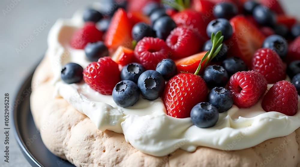 Australian Pavlova with Fresh Berries and Whipped Cream for a Festive Dessert Australian Pavlova with Fresh Berries and Whipped Cream for a Festive Dessert