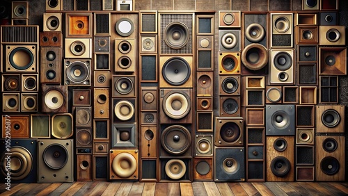 Vintage audio speakers displayed on a wall, retro, classic, music, sound, wall decor, entertainment