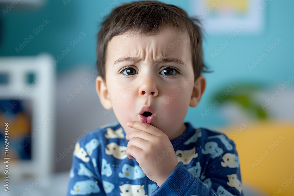 Curious child expressing surprise and wonder in a colorful room Curious child expressing surprise and wonder in a colorful room