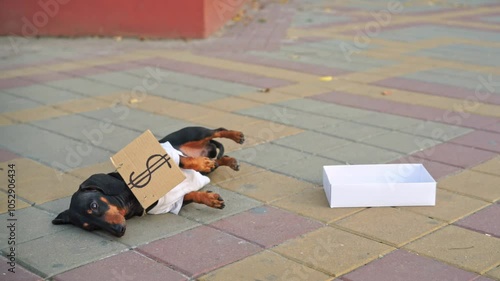 Dachshund dog with cardboard dollar sign on his neck begs on the pavement, asks for alms on street, and lies down to rest on the ground, exhausted. overwork at work, burnout, lack of motivation energy