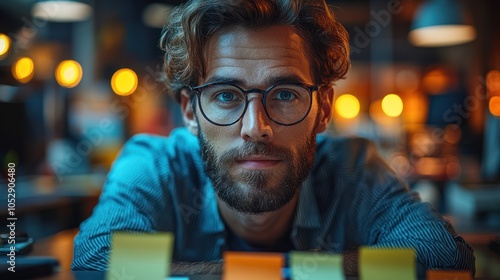 Close-up portrait of a man with glasses and a beard in an office setting, looking directly at the camera.