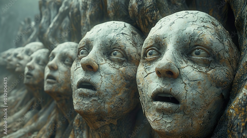 Stone Faces of Fear: A Surreal Digital Artwork Stone Faces of Fear: A Surreal Digital Artwork