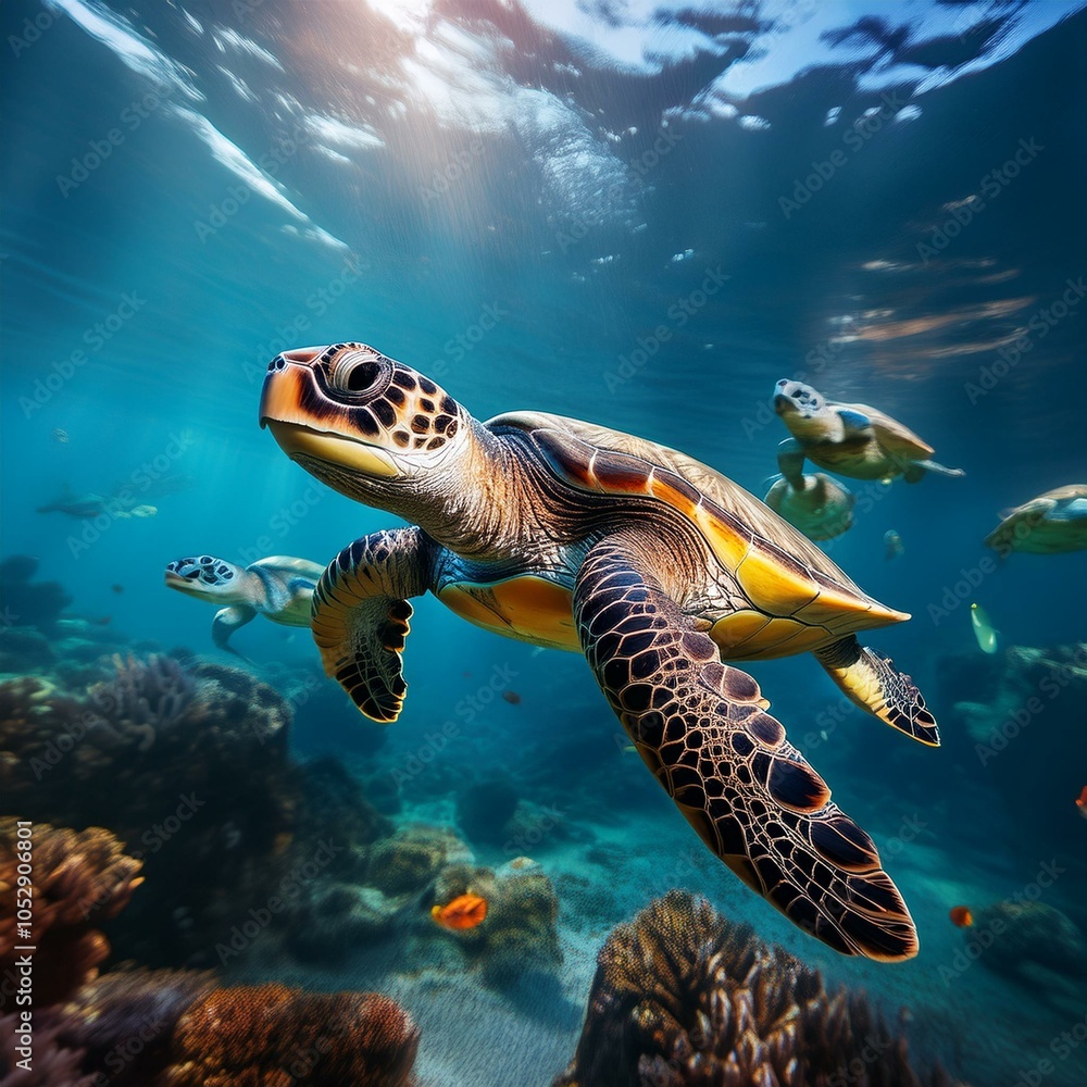 Obraz premium Sea turtles are large, air-breathing reptiles that inhabit tropical and subtropical seas throughout the world.