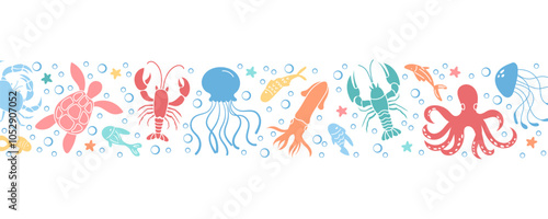 Border pattern design with colorful underwater creatures illustrating marine life. Ocean scene background features diverse reef animals and vibrant sea life, teeming with bubbles and colors.