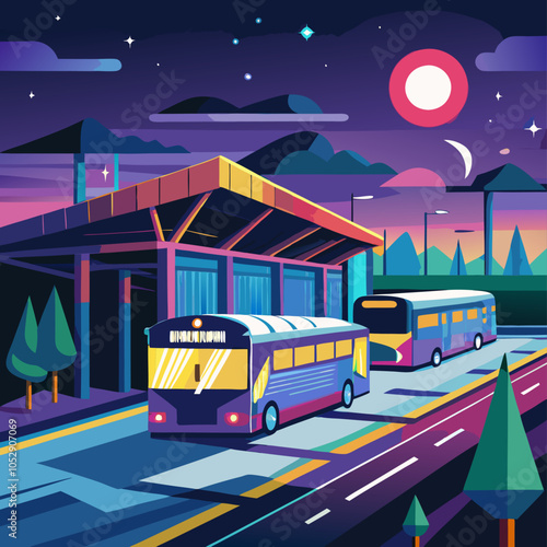 A vibrant illustration depicting a bustling bus station at night, showcasing two buses under a colorful sky filled with stars.