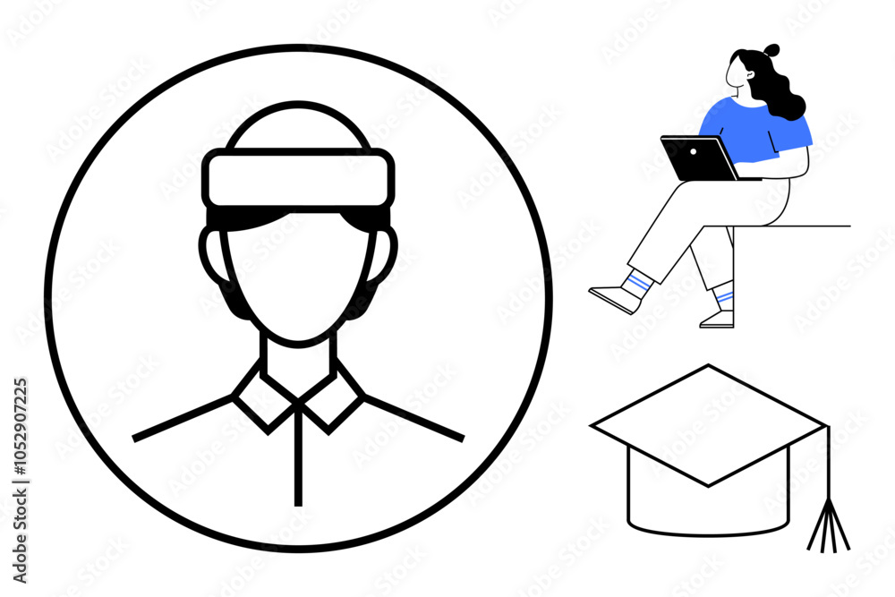 Male student profile in circle, girl studying with laptop, graduation cap. Ideal for education, online learning, student projects, academic achievements, e-learning platforms, digital courses Male student profile in circle, girl studying with laptop, graduation cap. Ideal for education, online learning, student projects, academic achievements, e-learning platforms, digital courses
