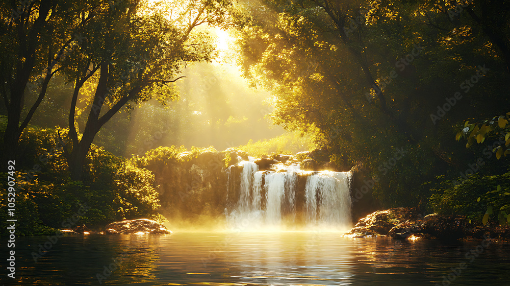 A tranquil scene of a hidden waterfall nestled in a serene woodland, with sunlight filtering through the trees and reflecting off the water A tranquil scene of a hidden waterfall nestled in a serene woodland, with sunlight filtering through the trees and reflecting off the water