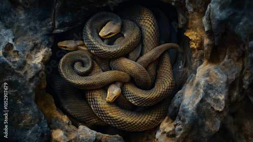 Snake Nest Hidden Beneath Rocks, Multiple Vipers Coiled Together in a Dense, Dangerous Tangle