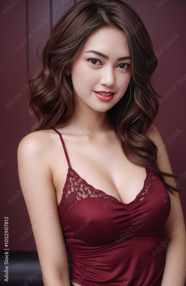 Naklejka premium a close up of a woman in a red dress posing for a picture