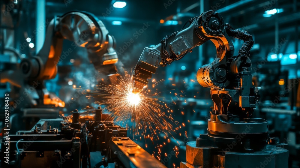 Fototapeta premium Industrial Robot Welding in Modern Factory Setting