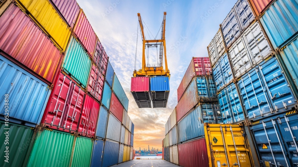 Fototapeta premium Crane Lifting Colorful Shipping Containers at Port