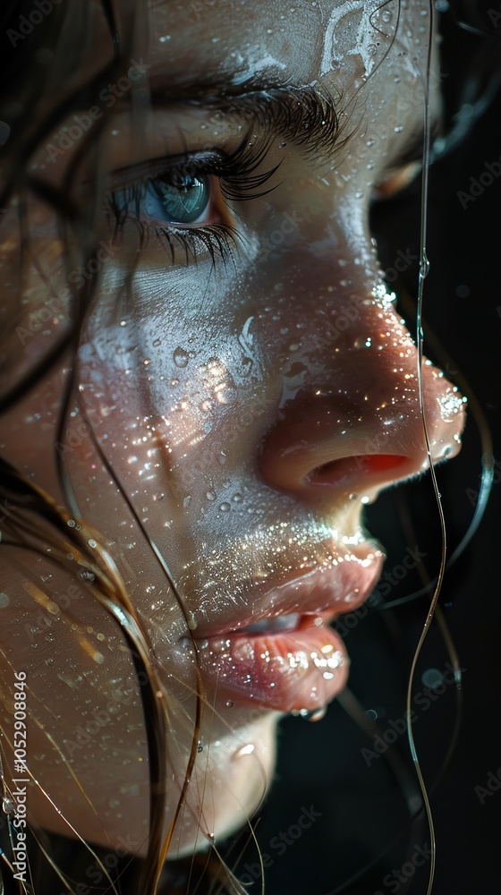 Water Drops on a Woman's Face: A Close-Up Portrait Water Drops on a Woman's Face: A Close-Up Portrait