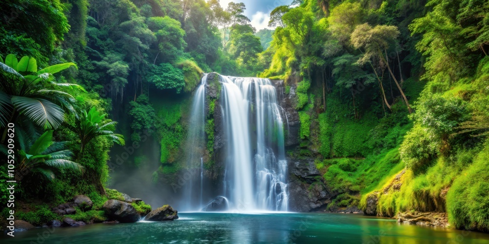 Majestic waterfall surrounded by lush greenery in a vibrant rainforest setting, waterfall, rainforest, lush, greenery Majestic waterfall surrounded by lush greenery in a vibrant rainforest setting, waterfall, rainforest, lush, greenery