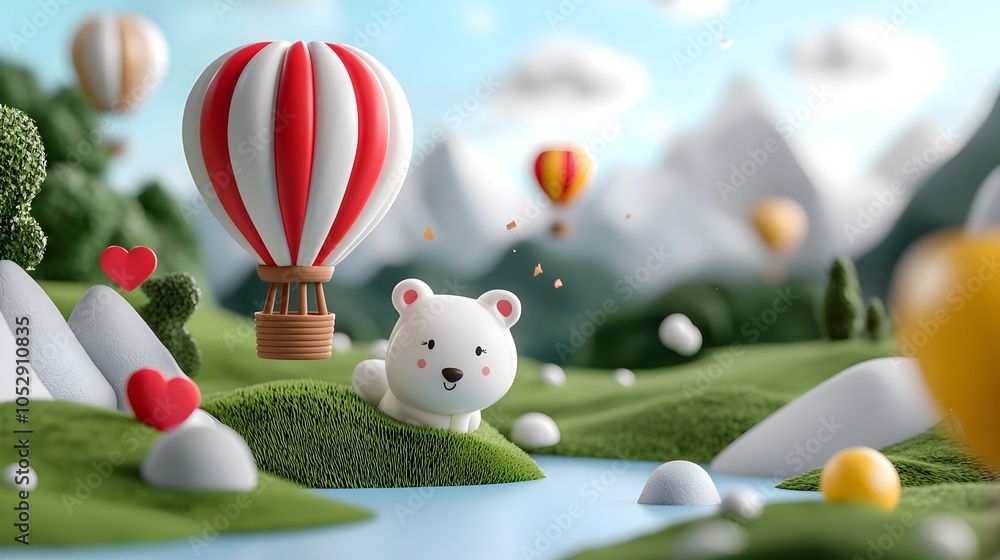 Fototapeta premium Whimsical 3D clay hot air balloons shaped like adorable animals gently floating over a bright magical landscape with rolling hills lush greenery and a vibrant dreamlike atmosphere
