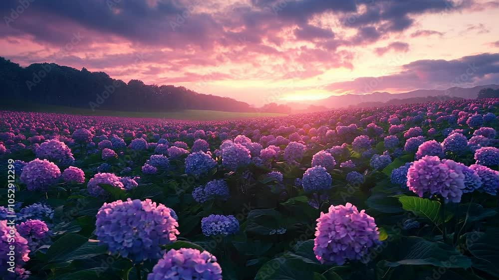 Enchanting Field of Hydrangeas at Sunset with Vibrant Colors Enchanting Field of Hydrangeas at Sunset with Vibrant Colors
