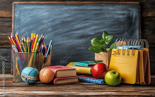 Closeup image of various backtoschool items on a wooden desk with an empty chalkboard behind, highlighting the excitement of the upcoming school season photo