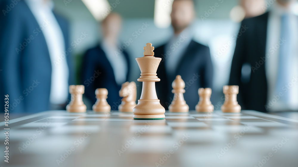 Close-up of chess pieces on a board with blurred business professionals in suits, symbolizing strategic planning and decision-making.