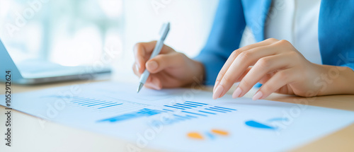 Close-up of business person's hands analyzing financial charts on paper, working with laptop. Concept of data analysis, finance, and planning.
