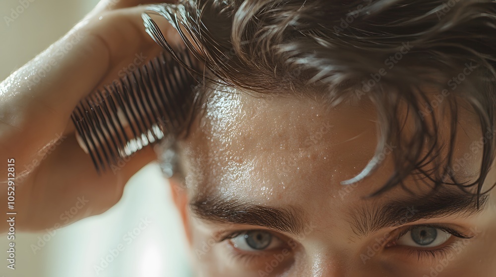 Fototapeta premium Close up photo of clean healthy man's hair. Young man comb his hair. 