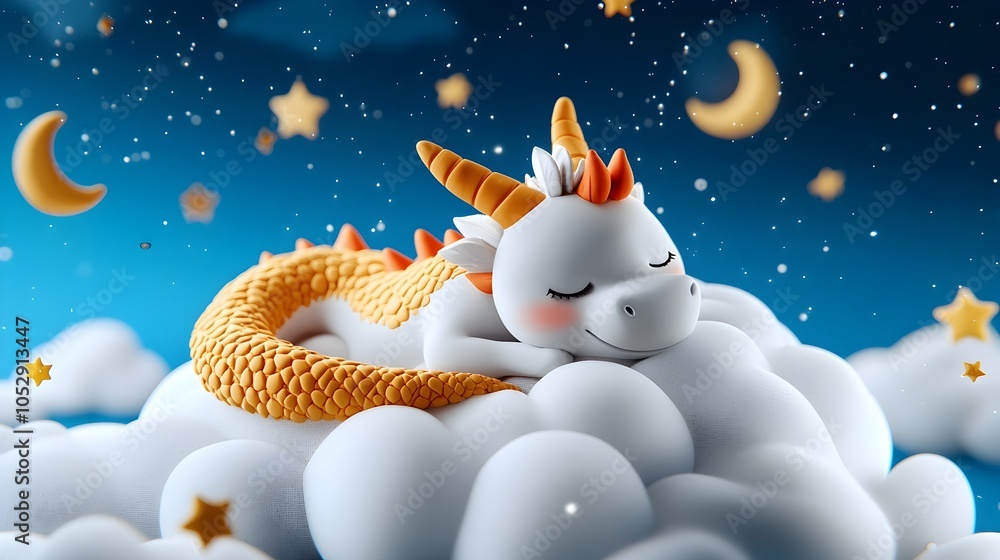 Obraz premium Peaceful 3D Rendering of a Playful Clay Dragon Sleeping Soundly on a Fluffy Cloud Surrounded by a Starry Night Sky and Crescent Moons