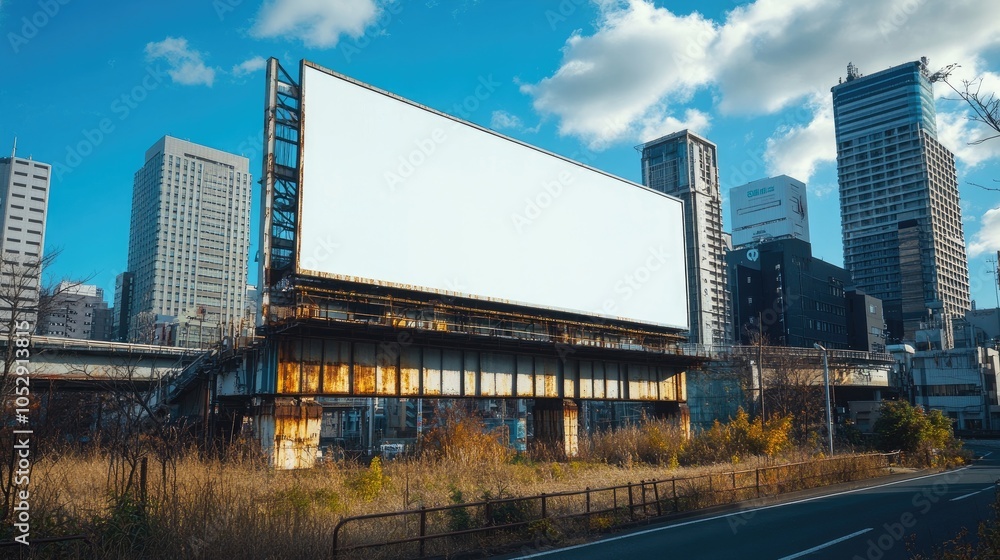 Blank billboard mockup in a city with skyscrapers and a highway in the background. Blank billboard mockup in a city with skyscrapers and a highway in the background.