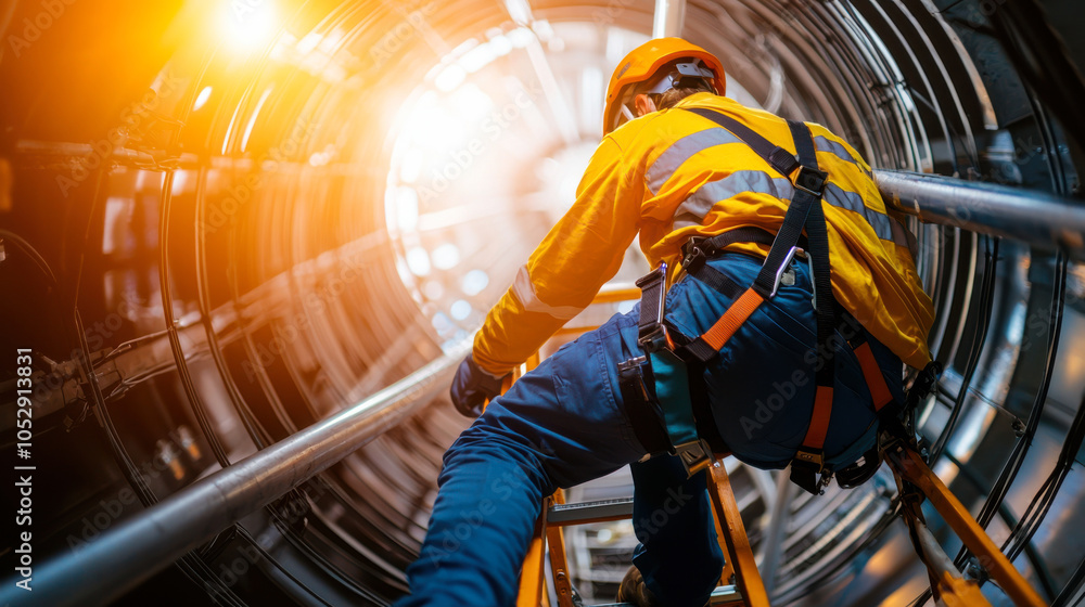 wind turbine technician is climbing ladder inside turbine structure, showcasing importance of safety and skill in renewable energy. bright light at top adds sense of hope and progress wind turbine technician is climbing ladder inside turbine structure, showcasing importance of safety and skill in renewable energy. bright light at top adds sense of hope and progress