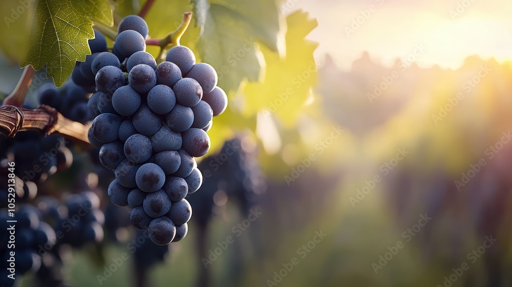 Fototapeta premium Ripe grapes basking in golden vineyard sunlight