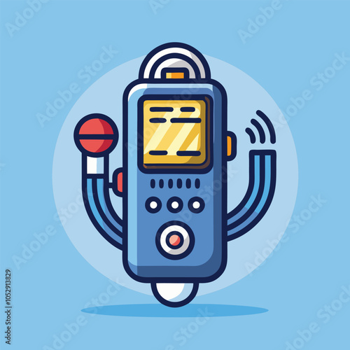 A blue digital voice recorder with a red microphone and a digital screen.