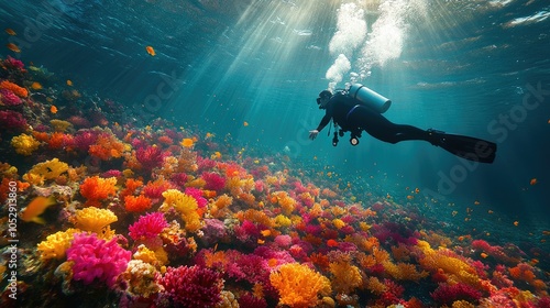 Wallpaper Mural A scuba diver explores a vibrant coral reef teeming with colorful fish and marine life. The sunlight streams down, illuminating the scene. Torontodigital.ca