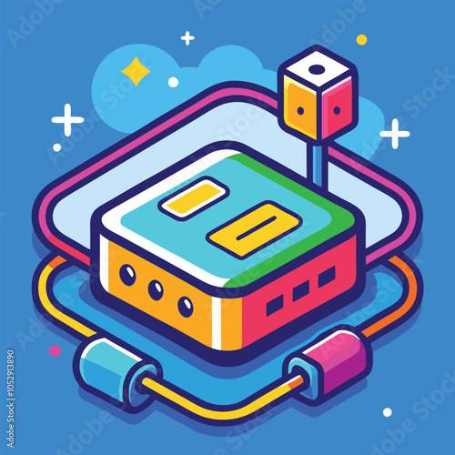 A colorful illustration of a device with multiple ports and connections.
