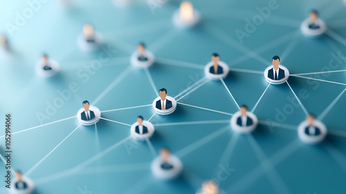 interconnected people and nodes, symbolizing network connections in business, technology, or social media The background is a light blue with soft shadows 