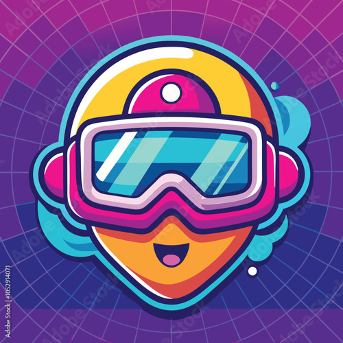 A cartoon character with a smile and wearing ski goggles.