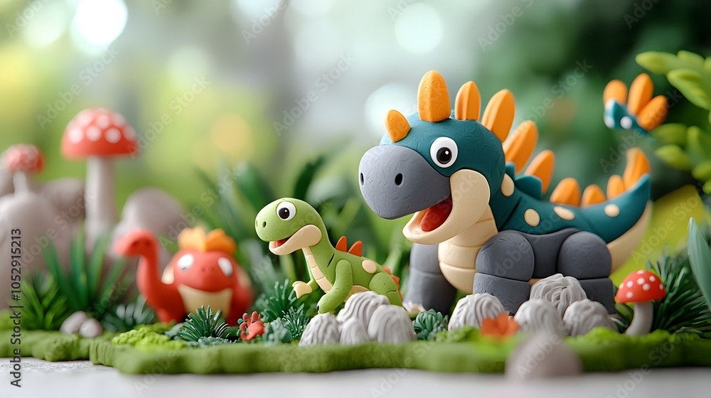 Fototapeta premium Playful 3D Clay Dinosaurs Racing Against Each Other in a Vibrant Colorful Prehistoric World Full of Fantasy and Adventure
